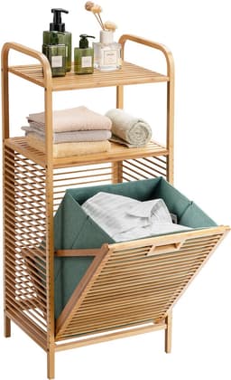 COSTWAY Badkamermeubel met schommelwasmand en 2 opbergplanken, afneembare Oxford-voering, voor woonkamer, keuken van bamboe en canvas (40,5 x 33 x 95,5 cm) — thumbnail 1