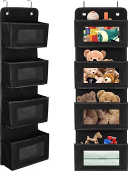 Planken om op te hangen, hangend rek aan de bovenkant van de deur, hangend rek met 4 grote vakken en 2 metalen haken, voor voorraadkast, babykamer, kinderkamer (zwart) — thumbnail 1