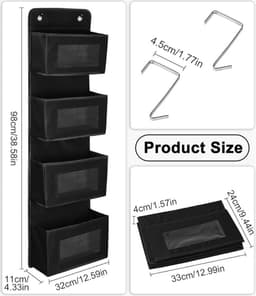 Planken om op te hangen, hangend rek aan de bovenkant van de deur, hangend rek met 4 grote vakken en 2 metalen haken, voor voorraadkast, babykamer, kinderkamer (zwart) — thumbnail 3
