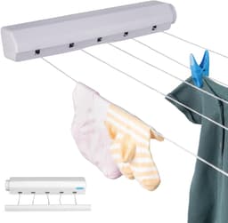 Waslijn uittrekbaar buiten en binnen - 5 lijnen - 4m draad - Droogrek Hangend - Wasrek Hangend - Geschikt voor kamperen, camper, camping - Uittrekbare - Rol drooglijn - Rekken - Luft — thumbnail 1