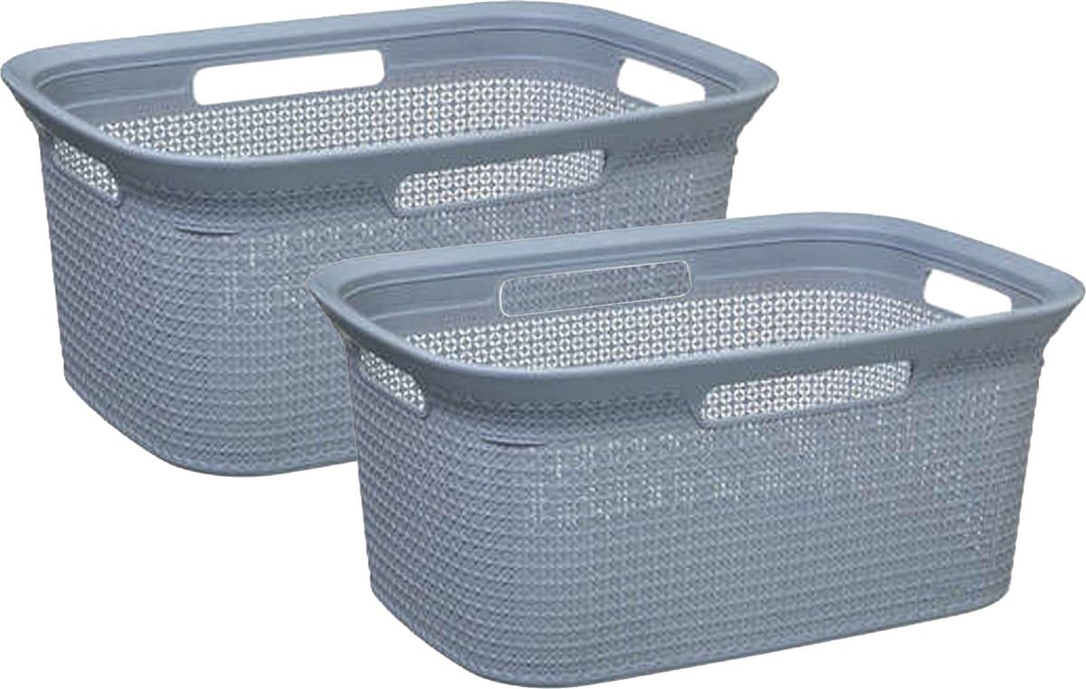 Wasmand van rotan gevlochten - 2x - grijs - kunststof - 45 liter - 59 x 41 x 27 cm — afbeelding 1