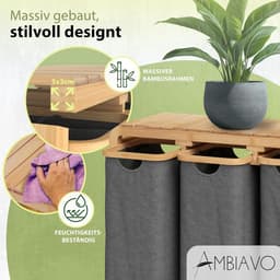 Wasmand met 3 vakken, grijs, ruimtebesparend design en bamboeconstructie — thumbnail 5