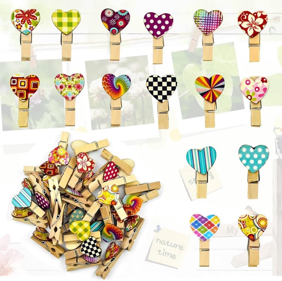 50x Houten Waslijnknijpers met Hartjes - Decoratieve Foto Clips voor DIY & Knutselen — afbeelding 1