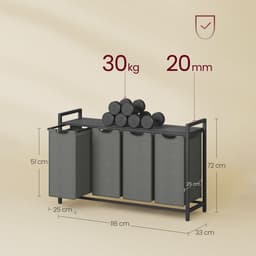 Wasmand 4-vaks sorteermand 116×33×72 cm Zwart-grijs Met uittrekbare en afneembare waszakken Lattenrek voor ventilatie Stevig metalen frame Geschikt voor wasruimte, badkamer en slaapkamer — thumbnail 2