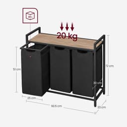 Wasmand Wasgoedmand 87,7 x 33 x 72 cm Zwart+bruin 3 vakken van 40 L voor gescheiden opbergen Met verstelbare poten, uittrekbare en afneembare binnenzak, zijvak en roosterplank Gemakkelijk te monteren en reinigen Geschikt voor wasruimte en badkamer — thumbnail 2