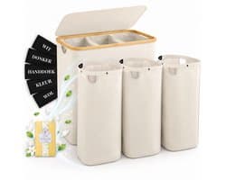 Sivableu Wasmand Beige 3 vakken – Wassorteerder – 160L – 3 uitneembare zakken – Wasmand met Deksel – opvouwbaar - Laundry Basket - Wasbox - Bamboe - Labels