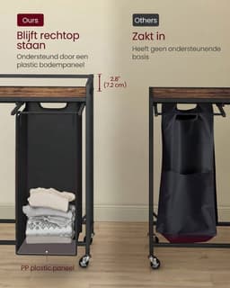 Klarven® Wasmand Inktzwart - Verrijdbare Wasmand - Wasmanden - Laundry Cart - 2 Vakken, Verwijderbare Waszakken - Met Plank en Wielen - 63x32x93cm — thumbnail 3