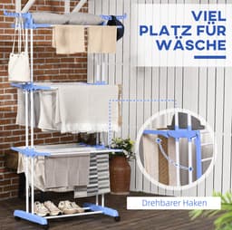 Droogtoren – 73 x 64 x 177 cm – Vier Lagen Met Wielen – Staal – Blauw – Voor Binnen En Buiten – Inklapbaar — thumbnail 4