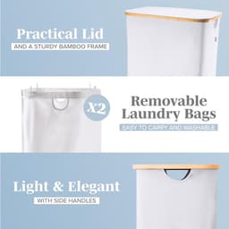Wasmand met deksel & 2 compartimenten 150L Groot - Wasmand Ademend met stevig bamboe frame - inclusief uitneembare waszak Wasbaar - Wasmanden Waterdicht | Lichtgrijs — thumbnail 4