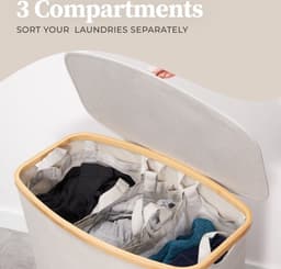 Hennez Wasmand Opbergmand 150L 3 compartimenten met deksel - Waszak Wasbaar - Rechthoekige Bamboe Wasmand met Frame — thumbnail 2