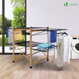 Wasrek Uitschuifbaar Droogrek Staand Droogrek - Roestvrij Staal - Vleugelwasdroger - Wielen - Drooglengte 30 m - Ruimtebesparend - Inklapbaar - 180 x 105 x 61 cm - Hout Imitatie Zwart — thumbnail 3