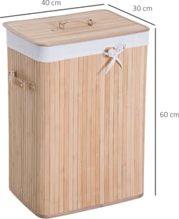 Wasmand, opvouwbare bamboe wasmand met deksel, voorzien van uitneembare binnenzak en 3 PU-handgrepen, afmetingen 40 x 30 x 60 cm (hoogte), beige — thumbnail 4