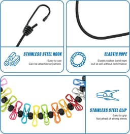 Uittrekbare Waslijn - Wanddroogrek - Met 12 Wasknijpers - Winddicht & Elastisch - 1.8 meter - Clips in willekeurige kleuren - Geschenk van een stoffen tas — thumbnail 5