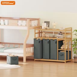 Bamboe wasmand 188 l, met 2 waszakken en 2 opbergdozen, 5-voudige wassorteerder met dubbele plank, wasverzamelaar voor badkamer, slaapkamer en bijkeuken, donkergrijs — thumbnail 3