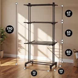 Opvouwbaar droogrek - Wasrek toren - Kleding drogen - Grote droogcapaciteit - 72 x 50 x 172 cm - Zwart — thumbnail 2
