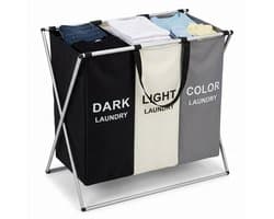 Cheqo® Wasmand met 3 Vakken - Wassorteerder - Opvouwbaar - Sorteren voor Badkamer - Was Organizer - Wasgoed - Donker Licht Kleur - Aluminium Frame - Laundry Basket - Waszak - Inklapbaar - Wasbox - Stevig voor Slaapkamer en Wasruimte