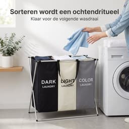 Cheqo® Wasmand met 3 Vakken - Wassorteerder - Opvouwbaar - Sorteren voor Badkamer - Was Organizer - Wasgoed - Donker Licht Kleur - Aluminium Frame - Laundry Basket - Waszak - Inklapbaar - Wasbox - Stevig voor Slaapkamer en Wasruimte — thumbnail 3