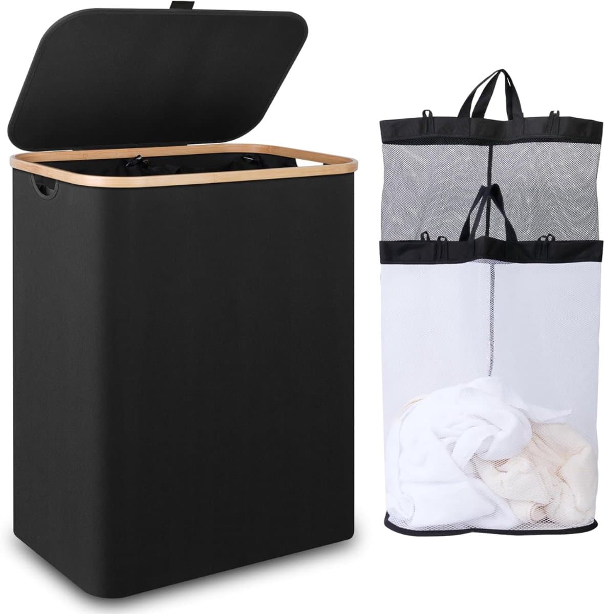 KAD® Wasmand 2 Vakken - Wasmand - Wassorteerder - Zwart - 57cm x 37cm x 70cm — afbeelding 1