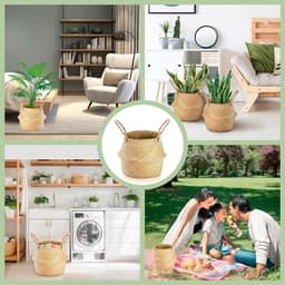 Set van 2 Opvouwbare Seagrass Opbergmanden, Kleine Wasmand en Wicker Mand met Handvat, Ideaal voor Woonkamer, Slaapkamer en Badkamer, Perfect voor Planten en Organisatie — thumbnail 2