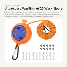 Dailygoods- Waslijn Uittrekbaar 10 m - Waslijn met 10 Gespen - Winddichte Wasknijpers - Camping/Outdoor - Draagbaar - Robuust Materiaal - Reiswaaslijn — thumbnail 5