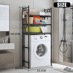 Opbergrek boven de wasmachine, rek voor wasmachine en droger, wasmachinerek met trommel, stapelbare wasmachinestandaard met rek en zijhaken, voor wasruimtes, appartementen en slaapkamers. — thumbnail 4