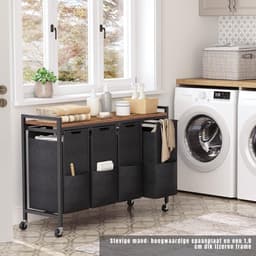 YOR® Wassorteerder 4 vakken - Wasmand 4 vakken 4x 39 Liter - Wasmand Met Opbergplank - Wassorteerder - Dubbele wasmand - Duo Wasmand – Wasmanden - Zwart - 111cm x 33cm x 75 cm — thumbnail 3
