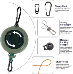 Uittrekbare Waslijn, Antislip Draagbare Waslijn, Reiswaslijn 10m, 10 Vasthoudlussen en 20 Knijpers, voor Buitenlucht Kamperen Reis Accessoires (Groen-A) — thumbnail 2