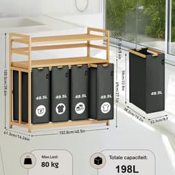 RONN® Wasmand 4 Vakken - Wassorteerder - Wasmand - Bamboe Frame - Donkergrijs - 103cm x 42cm x 101cm; 14 kg — thumbnail 3
