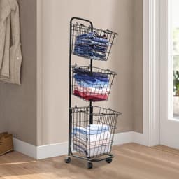 Wasmand op wieltjes - Wasopslag mand - Vuile was sorteren - Drie aparte vakken - 123 cm hoog - zwart — thumbnail 4
