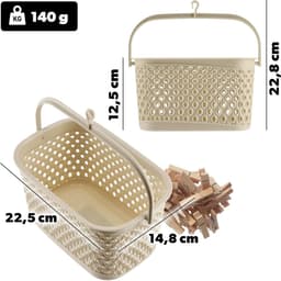 Wasknijper Mand - Klemhouder - Wassen Ophangen - Beweegbare Haak - 22.5x14.8x22.8cm - Beige — thumbnail 4