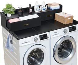 Werkblad voor wasmachine en droger - Opzetblad met plank - Afmeting 137 x 69,9 cm - 2 Lades en Haken - Draagvermogen 113 kg - Vak voor Wasmiddel - Zwart — thumbnail 1