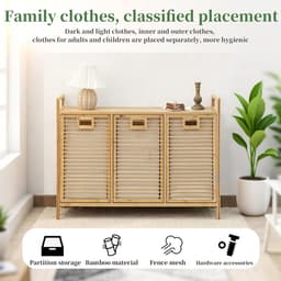Grote Bamboe Wasmand - Kast Met Bakken - Kleding Sorteren - Uitneembare Stoffen Bakken - 97x30x72cm - Natuurlijk Bamboe — thumbnail 2