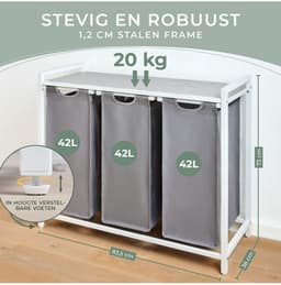 DnA® Wasmand 3 Vakken - Wasmand - Wassorteerder - Wasmand Met Deksel - Grijs/Wit - 36cm x 86cm x 73cm — thumbnail 5