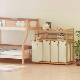 MIRA® Wasmand 4 Vakken - Wassorteerder - Wasmand - Bamboe Frame - Beige- ‎103cm x 41cm x 77cm — thumbnail 5