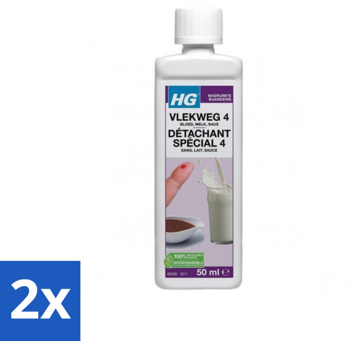 2 x HG - Wasruimte - Vlekweg 4 - Bloed, Melk, Saus - 50 ml - Vlekkenverwijderaar - Vlekkenreiniger - Bloedvlekken - Melk Vlekken - Sausvlekken — afbeelding 1
