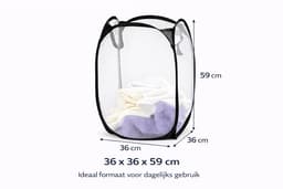Wasmand Opvouwbaar 36x36x59 cm – Waszak met Stalen Frame & Gaas – Lichtgewicht Wasbox met Handvatten – Zwart/Wit — thumbnail 2