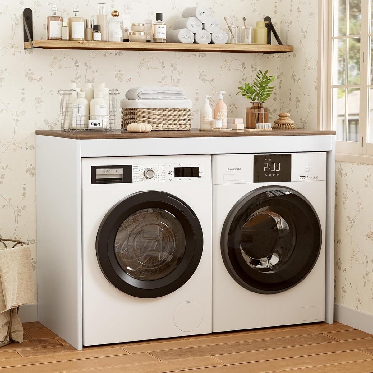 Wasmachinekast - Drogerkast Meubel - Ruimte Organiseren - Groot Werkblad - 60 x 128 x 97 cm - Bruin Wit — afbeelding 1