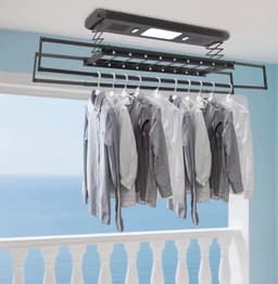 Elektrisch Plafond Wasrek - Uitschuifbaar 130-215 cm - Ruimtebesparend Droogrek met LED Verlichting & Afstandsbediening - Zwart — thumbnail 1
