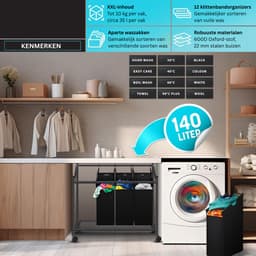 ApexArte® Wassorteerder 4 Vakken - Wasmand - 140 L - Zwart — thumbnail 3