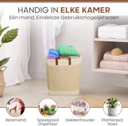 Bera Home – Wollen Was- & Opbergmand – Crème – 35×35×56 cm – 68L – Met Leren Handgreep – Opvouwbaar & Ruimtebesparend — thumbnail 5
