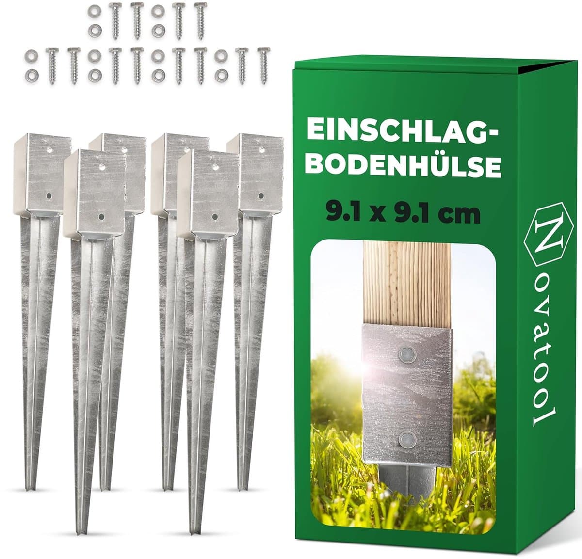 Novatool 6x Grondhulsset 91x91x750 mm, Grondhuls Parasolpaalsteunen Hekpaal Houten paal Grondhulzen Inslaghuls Grondanker Grondpen voor inslaan, Verzinkt, met schroeven — afbeelding 1