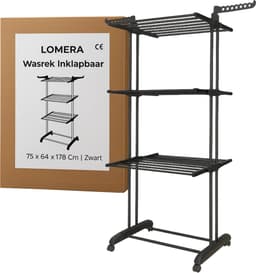 Lomera Inklapbaar Wasrek - Zwart Droogrek - Met Wieltjes - Stalen Buizen - Kunststof Verbindingsstukken - 24 Waslijnen - Waslijnen - Ruimtebesparend Wasrek - Staand Droogrek - Stevig En Duurzaam - Eenvoudig Op Te Bergen — thumbnail 3