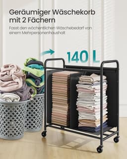 Furnstar Wasmand - Wasmand met wieltjes - 2 vakken - 140L wassorteerder - Beweegbare waswagen - Met 5 etiketten - Voor bijkeuken slaapkamer badkamer - Inktzwart — thumbnail 2