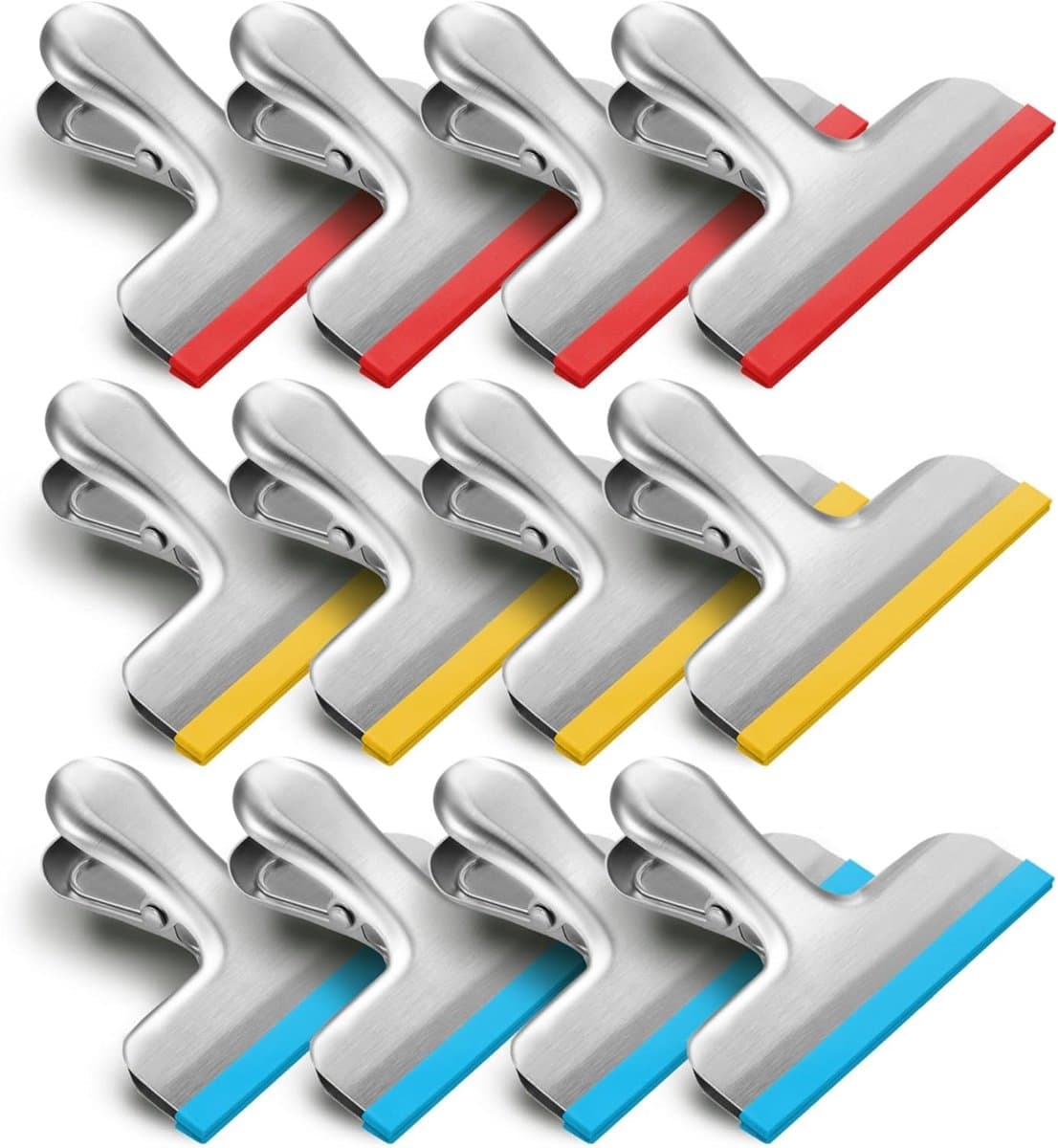 Verpakking van 12 - 3" roestvrijstalen siliconen sluitclips - Siliconen gecoat, geen scherpe randen - Luchtdichte afsluiting - Antislipstrips - Geschikt voor keukens/kantoren - Werkt ook als ticketclip - Rood, blauw en geel — afbeelding 1