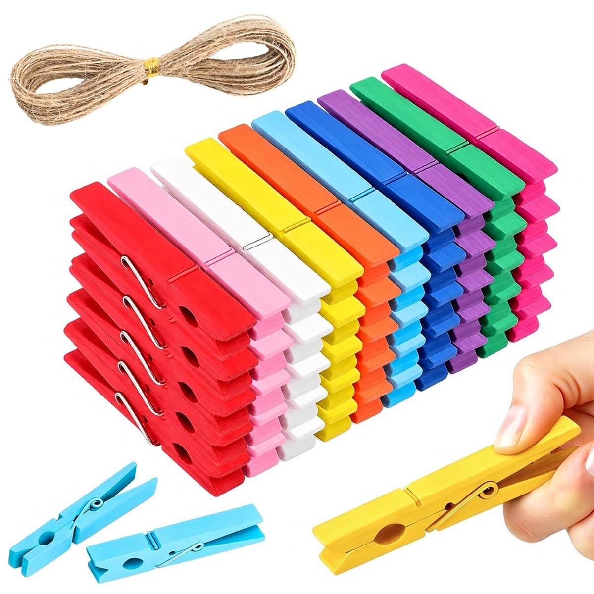 Solidchoice - Set van 50 Kleurrijke Houten Wasknijpers met Jute Koord — afbeelding 1