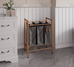 Bamboe Wasmand op Wielen met 3 Vakken - 90L Wasverzamelaar - Verrijdbare Wassorteerder - Grijs — thumbnail 4