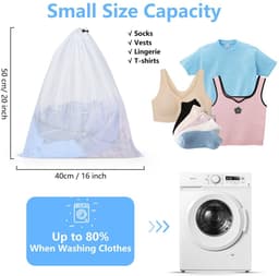 Dailygoods - OTraki Wasnet voor wasmachine, 40 x 50 cm, 2 stuks, grote waszak, met trekkoord, herbruikbare fijnmazige waszakken voor college, slaapzaal en woning (wit) — thumbnail 4