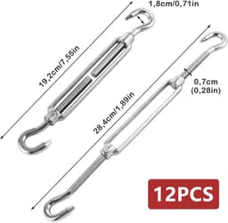 SnelShoppen - Pack van 12 M8 x 192 mm Kabel Tensioners RVS 304 Verstelbare Spanners met Haken, Tuinzonnescherm Spanner, Waslijn Spanner, Hek Spanner v — thumbnail 3