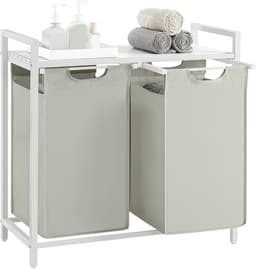 Wasmand, wasmand met 2 vakken, uittrekbare en verwijderbare voerzakken, kledingsorteerder, plank, metalen frame, 2 x 46 l, 73 x 33 x 72 cm, crèmewit en matwit BLH201W01 — thumbnail 2