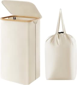 Wasmand van 100 liter met deksel, wasmand met bamboe handgrepen en een afneembare waszak, grote opvouwbare wasmand voor slaapkamer, badkamer, slaapzaal, wasruimte, wit — thumbnail 1